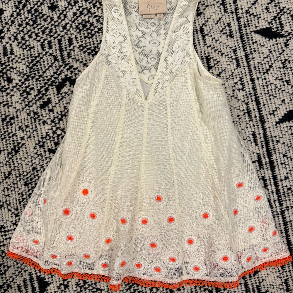 White Lace Sleeveless Top with Orange Accents